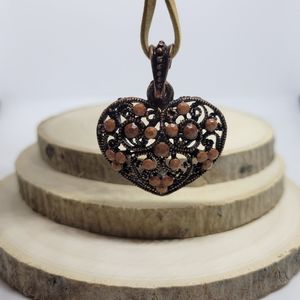 Beaded Filigree Heart Pendant on Faux Leather Necklace NWT Bronze w Peach Beads